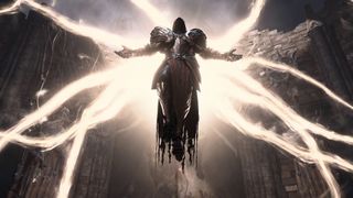 Diablo 4 — Inarius, the rogue Archangel, hovers in midair with tendril wings of light outstretched.