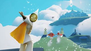 Sky: Children of the Light - a player gestures for you to follow as three others frolick in a grassy meadow