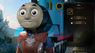 Thomas the Tank Engine stares into the distance, remembering his crimes, in Baldur's Gate 3.